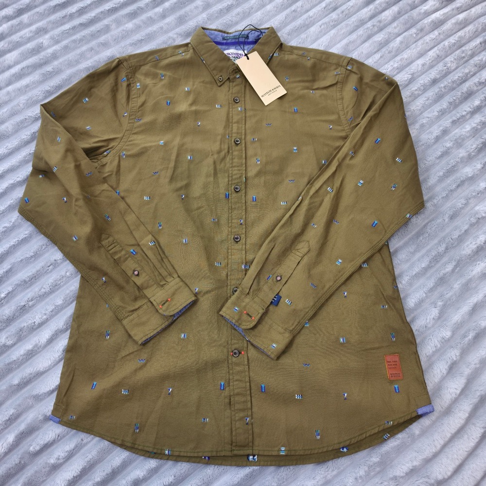 Scotch & Soda Mens Slim Fit Embroidered Button Down Shirt Olive Green XL New